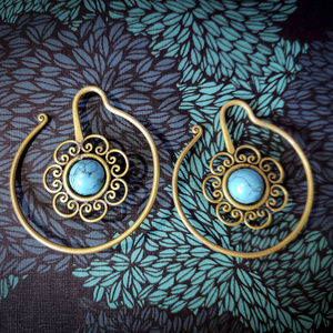 Brass turquoise mandala lotus hoops earrings